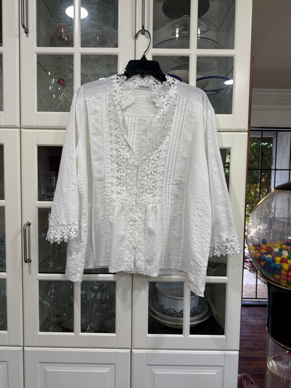 Paposan White Floral Lace-Trim Cotton Boho Tunic Blouse